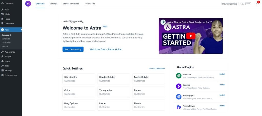 Astra theme welcome dashboard in the WordPress admin, showing Quick Settings and Starter Templates access