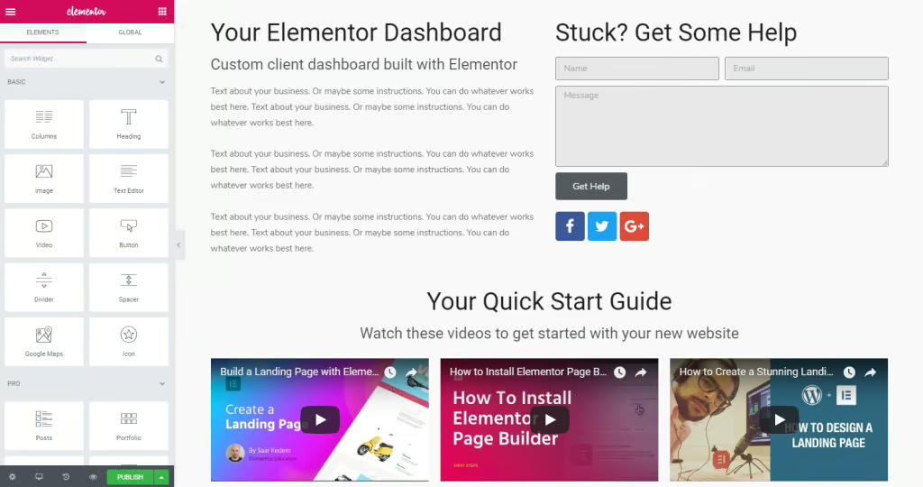 Elementor visual editor showing the widget panel with Columns, Heading, Image, Text Editor and other drag-and-drop elements